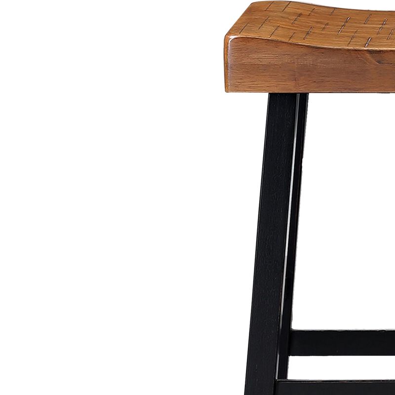 Bianca Barstool Set of 2, Light Brown Saddle Seat, Black Solid Wood - Benzara