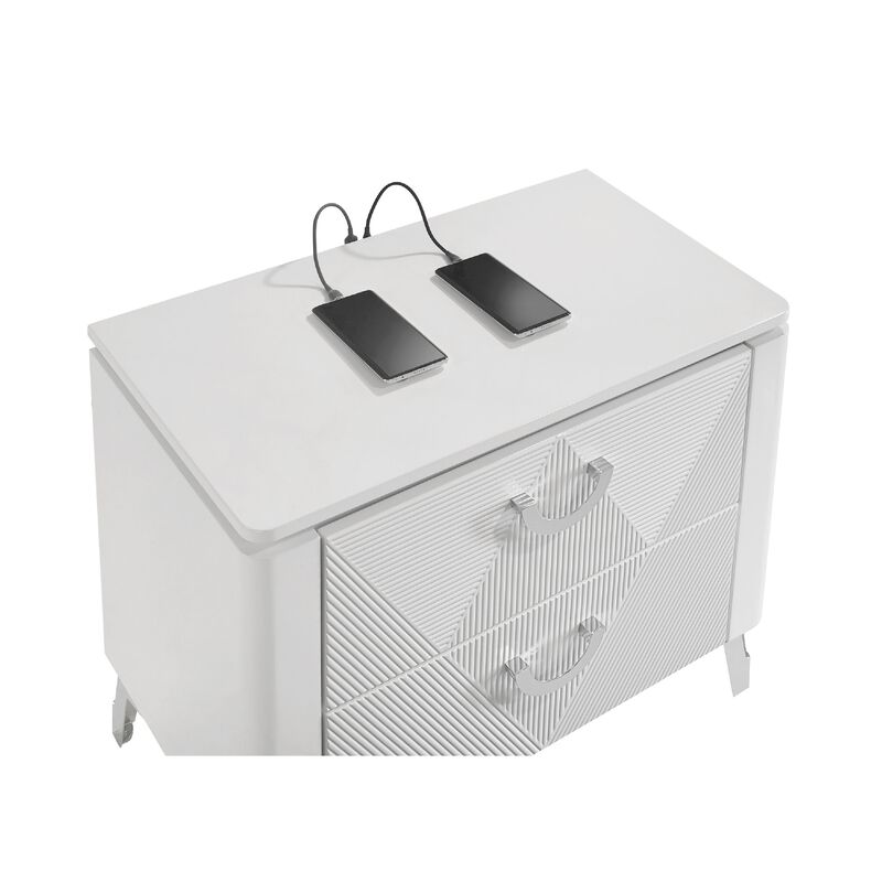 Ivana Nightstand with 2 Drawers, White Geometric Texture Wood 25 Inch image number 6