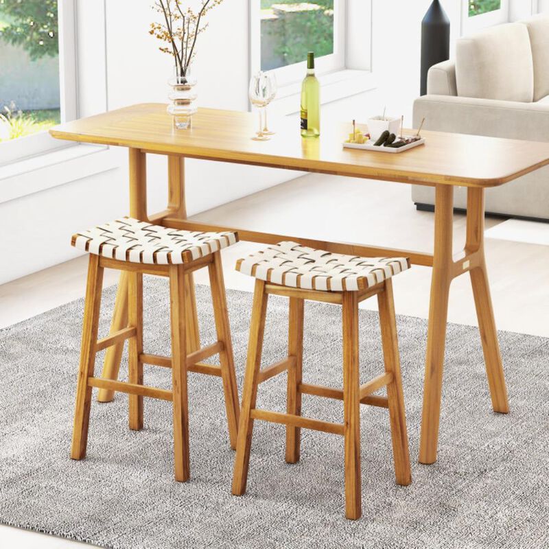 Hivvago Faux PU Leather Bar Stools Set of 2 with Woven Curved Seat Natural