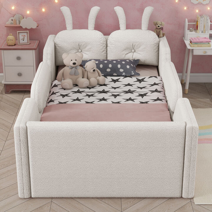 Whisen Twin Size Upholstered Floor Bed with Rabbit Cushion, Kids Platform Bed with Removable Side Rails