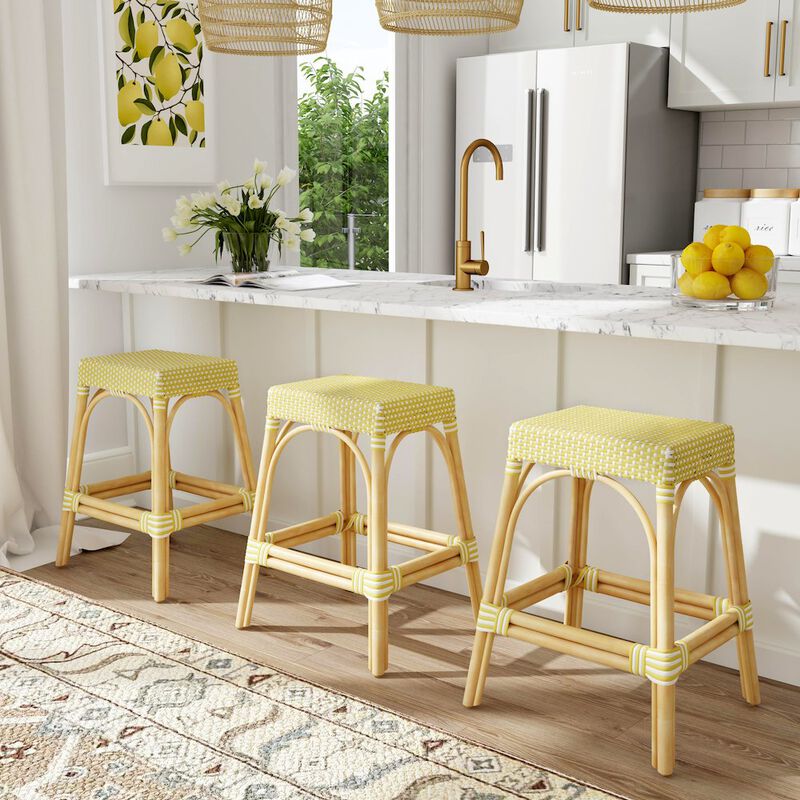Butler Specialty Robias Rectangular Rattan 24.5 Counter Stool, Yellow and White Dot