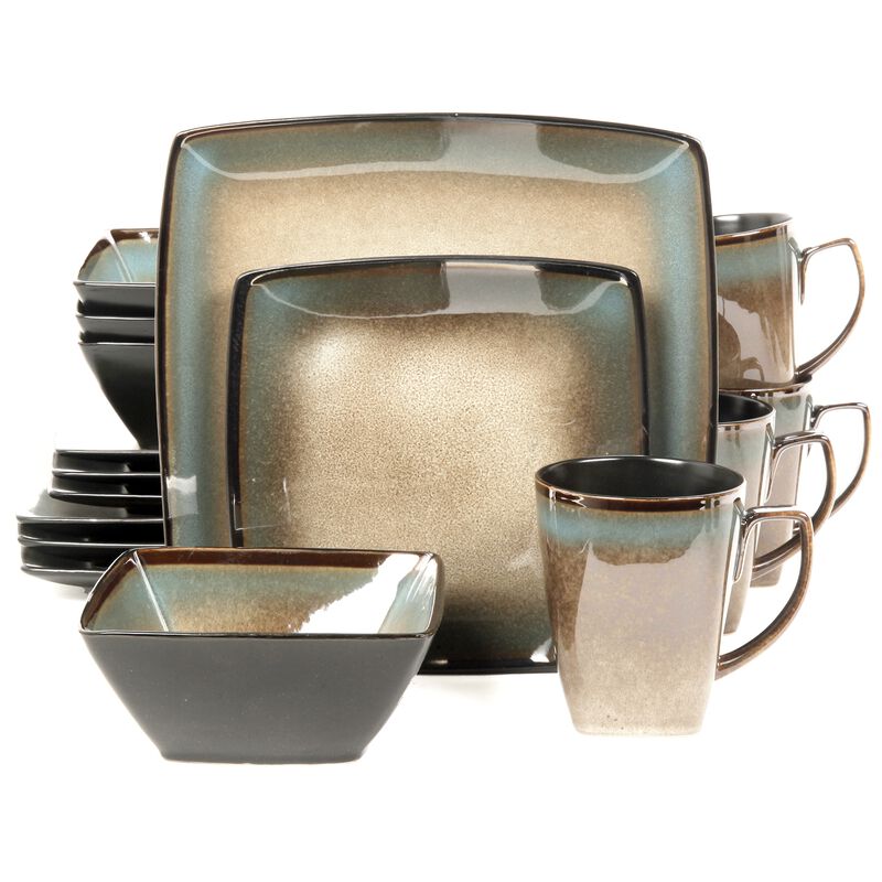 Gibson Elite Tequesta 16-Piece Square Dinnerware Set, Taupe