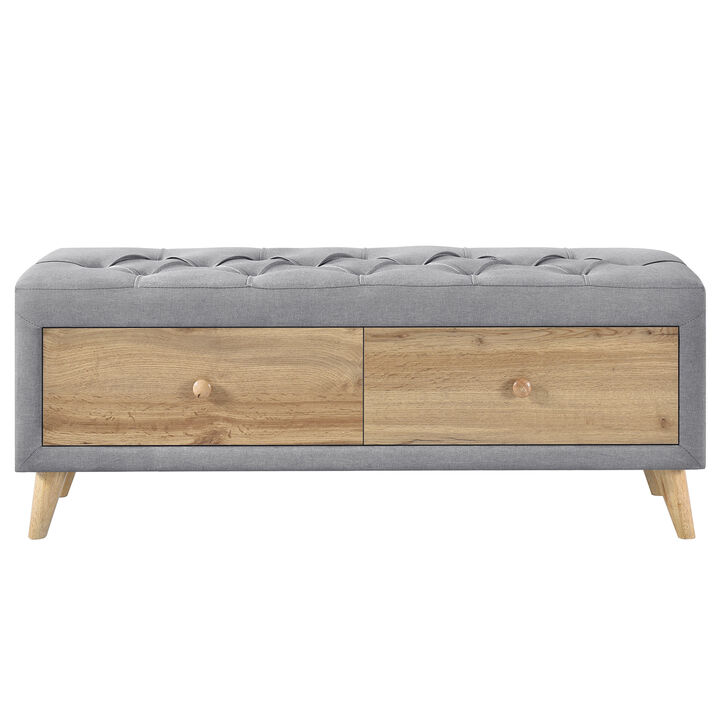 Upholstered Wooden Storage Ottoman Bench with 2 Drawers For Bedroom,Fully Assembled Except Legs and Handles,Padded Seat with Rubber Wood Leg-Gray