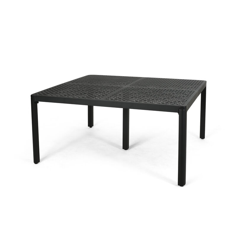 Riley Outdoor Dining Table, Square 61 Inch Matte Black Metal Lattice - Benzara