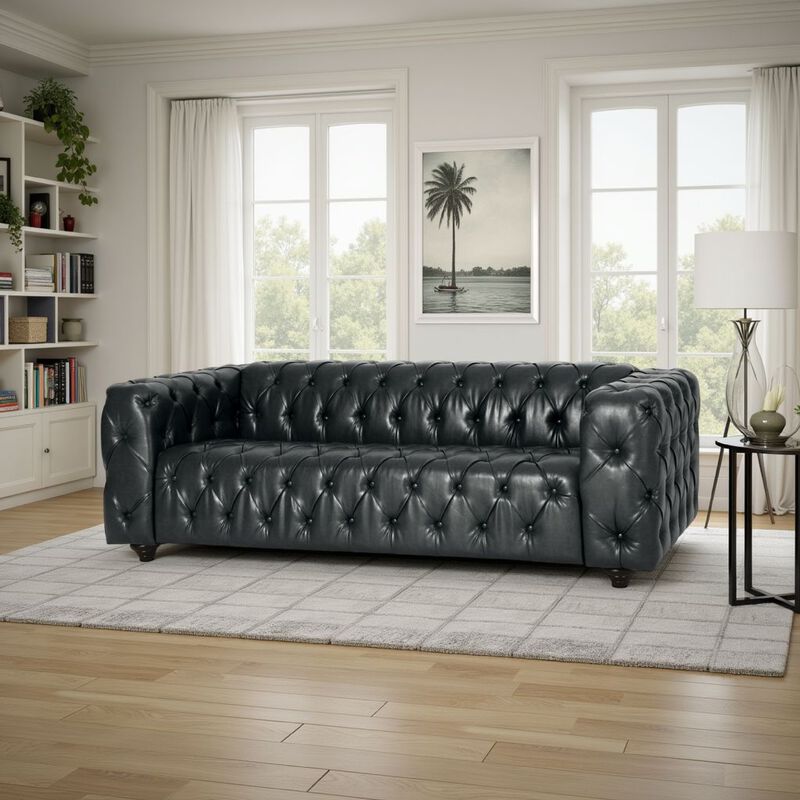 Arlo Sofa, Chesterfield Tufted Black Faux Leather Upholstery