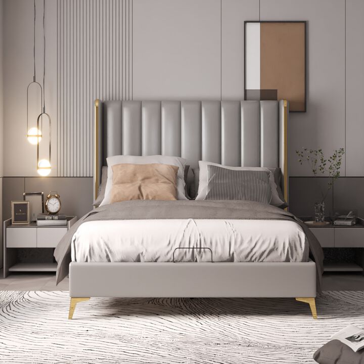 Channel Tufted Upholstered Platform Bed with Thickening Pinewooden Slats and Metal Leg, Queen Size Bed Frame with 56" Tall Headboard, Light Grey