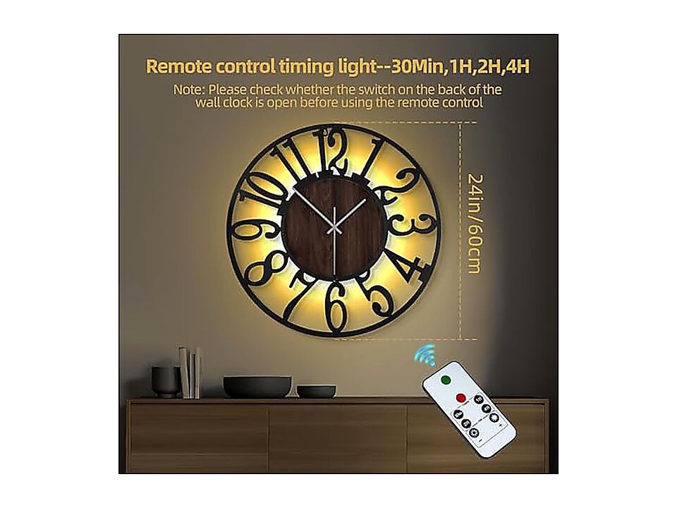 Large Wall Clock 24 Lighted Rustic Wood Remote Timer Silent Battery Operated
