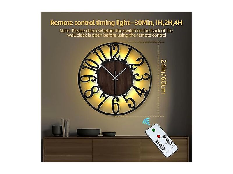 Large Wall Clock 24 Lighted Rustic Wood Remote Timer Silent Battery Operated image number 1