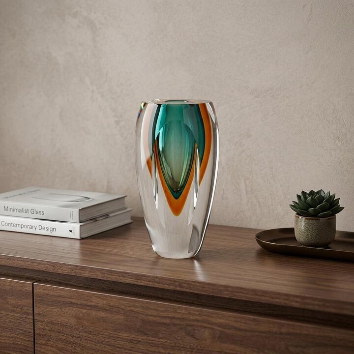 HomeRoots 6" Clear Amber and Green Abstract Murano Glass Table Vase