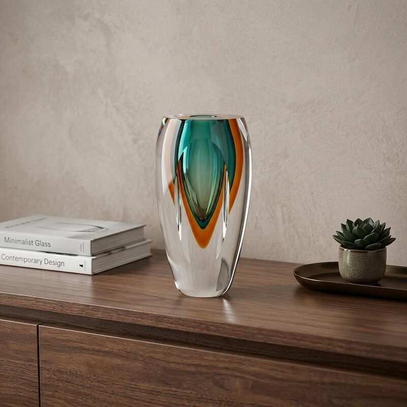HomeRoots 6" Clear Amber and Green Abstract Murano Glass Table Vase image number 1