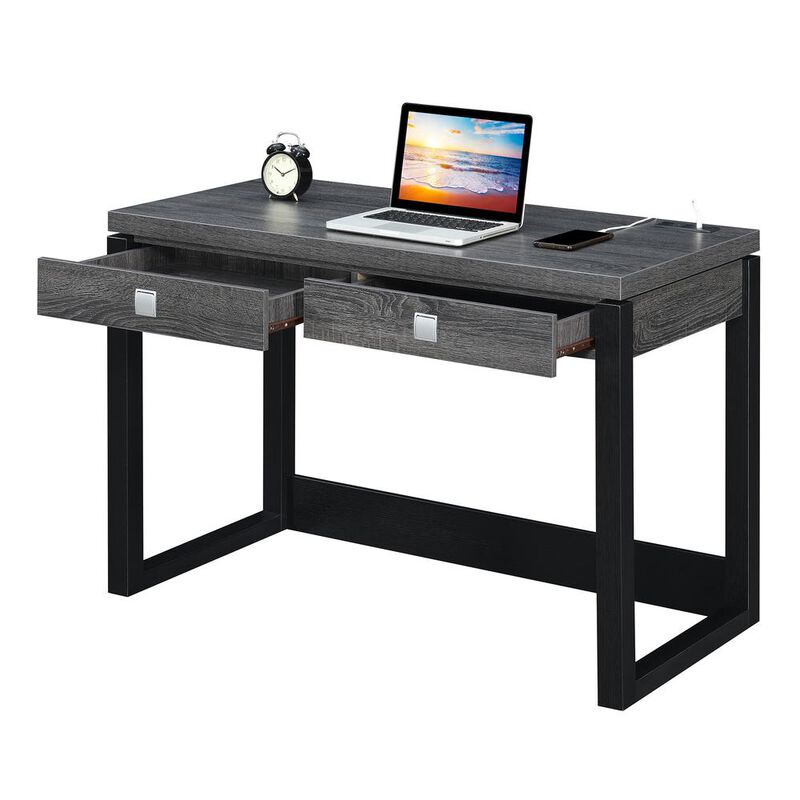 Convenience Concepts Newport 2 Drawer Desk With Charging Station, Weathered Gray/Black
