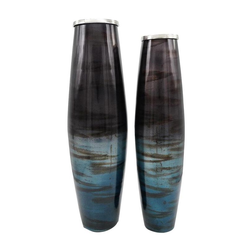 HomeRoots Set of Two Black And Blue Abstract Glass Cylinder Floor Vases image number 0