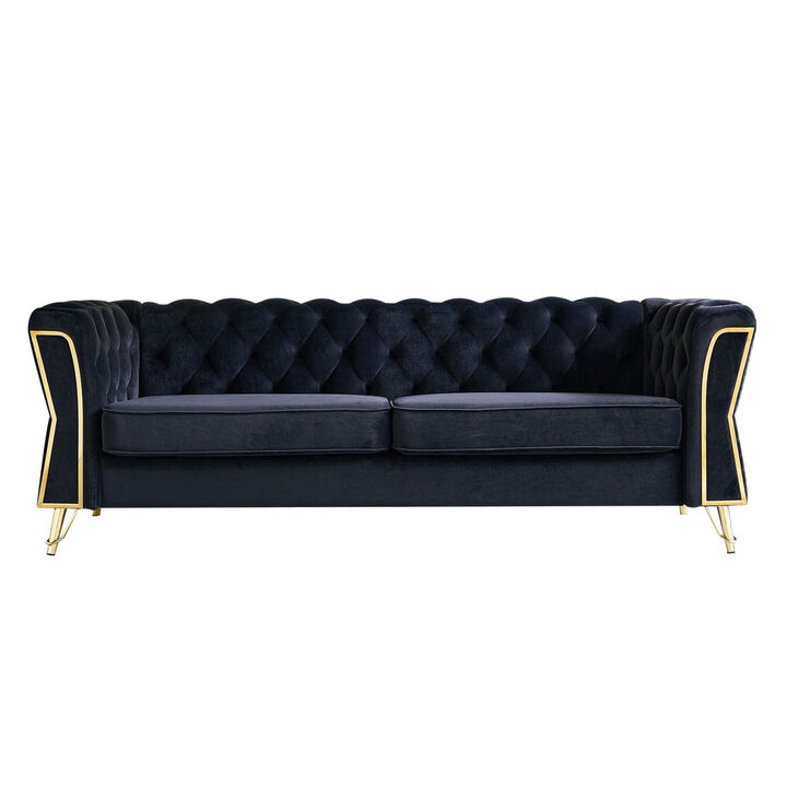 Modern Tufted Velvet Sofa 87.4 inch for Living Room Black Color
