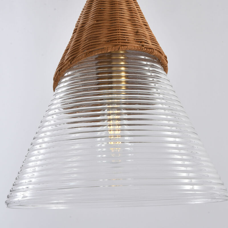 14" Bohemian Coastal Gold Handwoven Rattan Pendant Light with Clear Ribbed Cone Glass Shade for Bedroom, Living Room or Kitchen Island image number 9