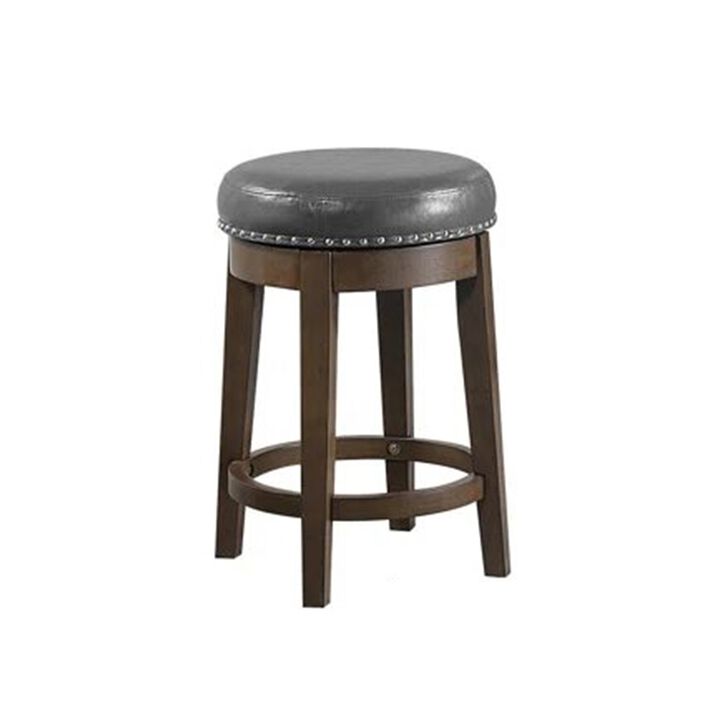 Drue 24 Inch Set of 2 Swivel Counter Stools, Brown Wood Gray Faux Leather
 - Benzara