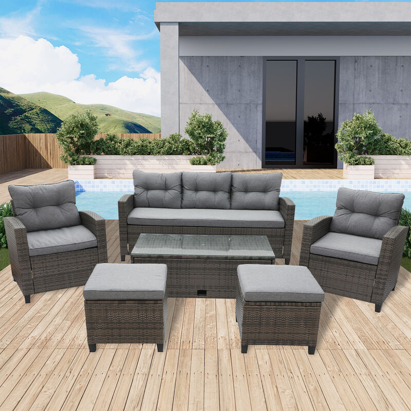 MONDAWE 6-Piece Patio Conversation Set with Brown Rattan Wicker & Gray Cushion Coffee Table & Two Ottoman