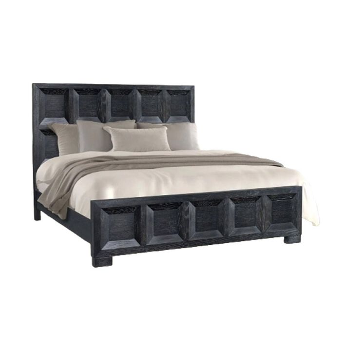 Kizie Queen Bed, Classic Recessed Panel, Weathered Black Solid Wood - Benzara