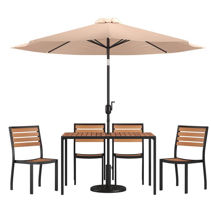 Flash Furniture Lark 7 Piece Patio Table Set - 4 Synthetic Stackable Faux Teak Chairs - 35" Square Faux Teak Table - Tan Umbrella with Base
