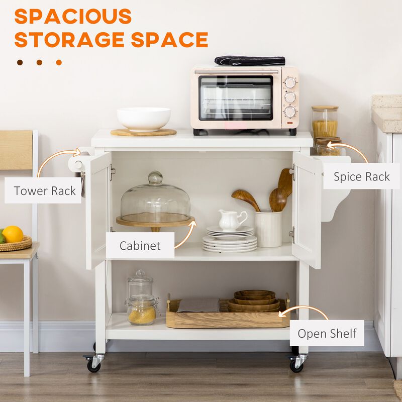 White Kitchen Helper: Mobile Island with Rubberwood Top & Storage