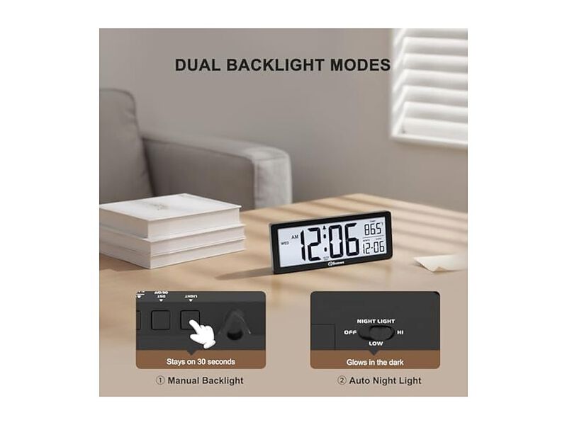 Digital Backlight Temperature Date Day Wall Clock 5 Inch Black Battery Operated image number 3