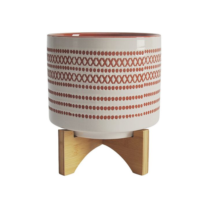 Ceramic Planter with Engraved Tribal Pattern and Wooden Stand, Large, Orange- Benzara
