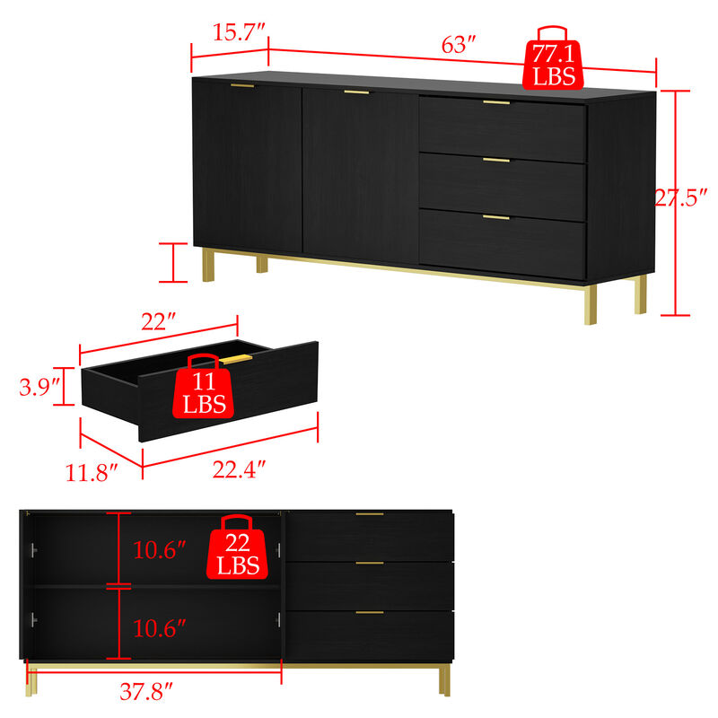Sideboard Buffet Cabinet with 3 Drawers & 2 Doors for Kitchen, Entryway Cupboard with Gold Metal Legs, Black (62.9" L x 15.7" W x 27.5" H)