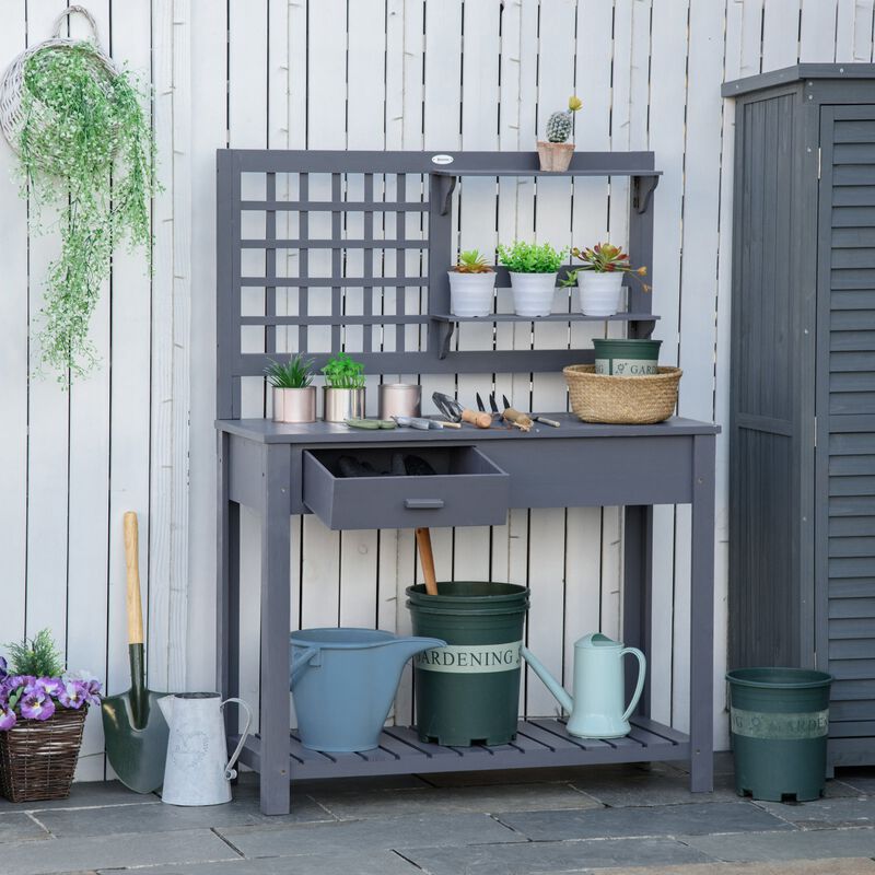 Wooden Garden Station: Potting Bench with Shelves & Drawer