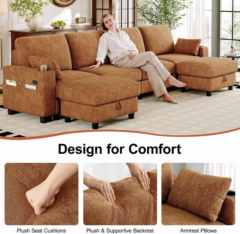 Vipbear 128" Modular Sectional Sofa, Chenille U Shaped Cloud Couch with Ottoman Adjustable Backrest image number 2