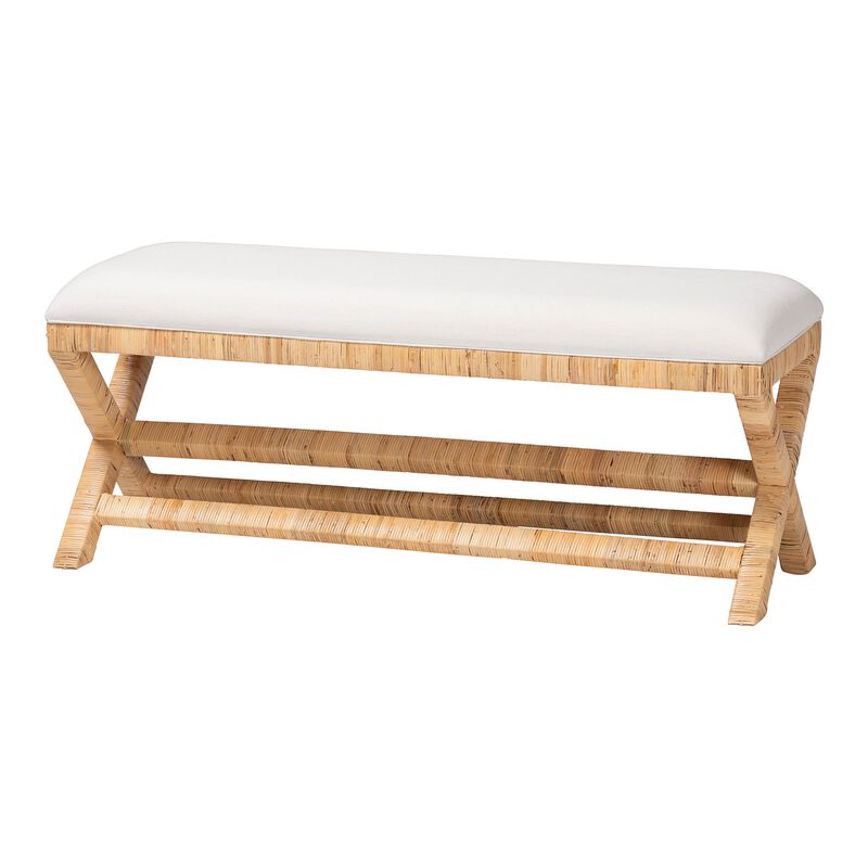 bali & pari Christy Natural Rattan Bench - Hand Wrapped Wicker Accent Seating with Upholstered Cushion and Crisscross Frame image number 0