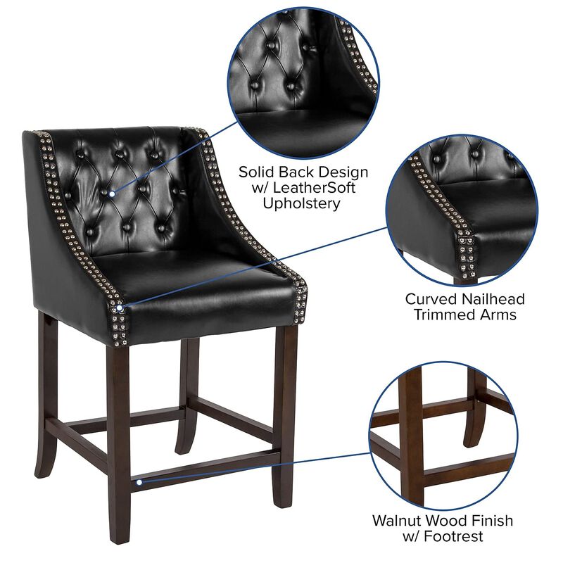 Flash Furniture Carmel Series 24" High Transitional Tufted Walnut Counter Height Stool with Accent Nail Trim in Black LeatherSoft