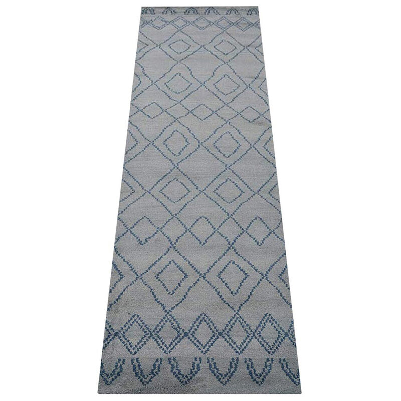 HAND KNOTTED WOOL Geometric AREA RUGS  - 2'6''x10', Runner Shape, Light Blue Blue Color, Geometric Modern, Medium Pile Handmade Area Rugs for Living Room, Bed Room (N01117)