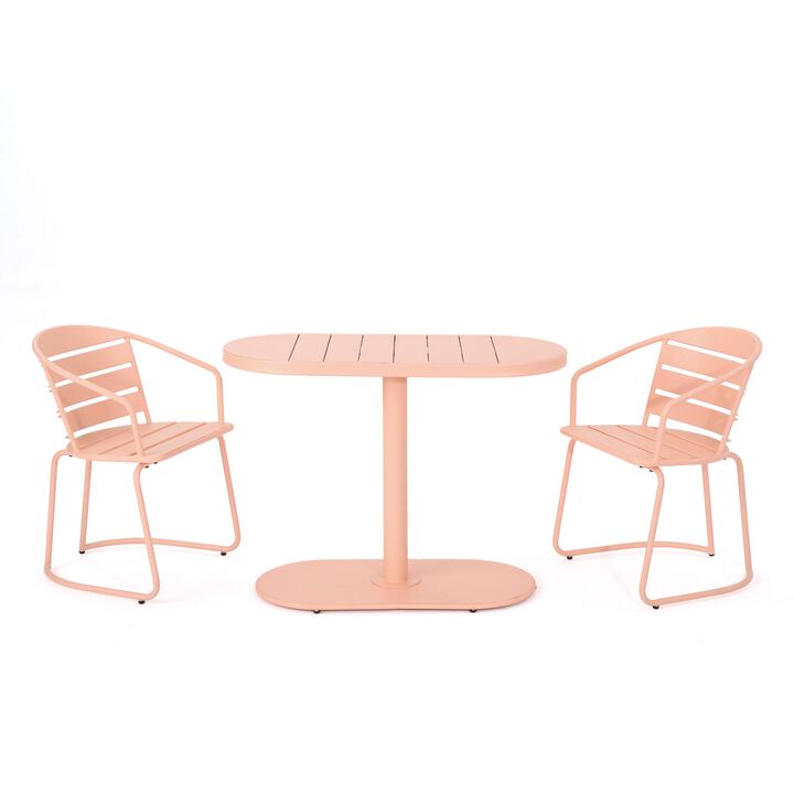 Monalisa 3 Piece Outdoor Bistro Set with 1 Oval Table, 2 Chairs, Pink - Benzara