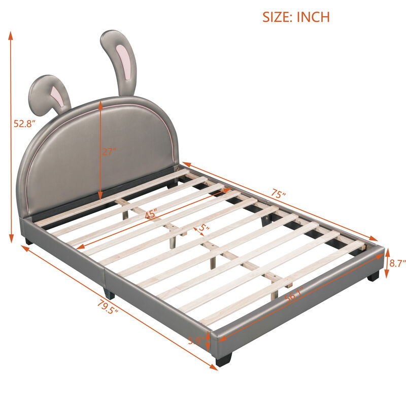 Full Size Upholstered Leather Platform Bed with Rabbit Ornament