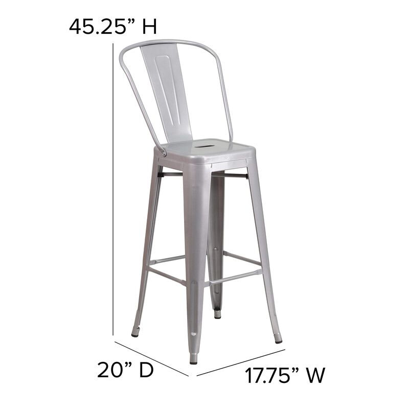 Flash Furniture Commercial Grade 30" High Silver Metal Indoor-Outdoor Barstool with Removable Back