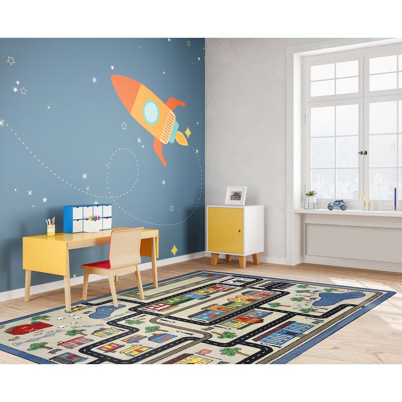Joy Carpets Kid Essentials Tiny Town 5'4 x 7'8 Area Rug in Color Pewter