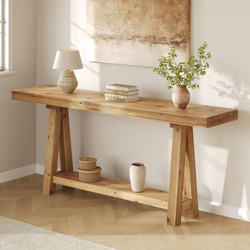 Solid Wood Sofa Console Table with Storage Shelves for Entryway-Light Wood Color image number 5