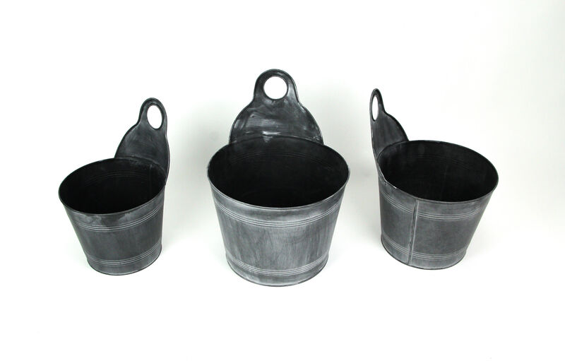 Set of 3 Charcoal Gray Finish Metal Bucket Style Hangable Planters image number 1
