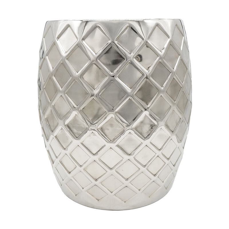 20 Inch Stool Table, Modern, Aluminum Metal, Drum Shape, Elegant Silver