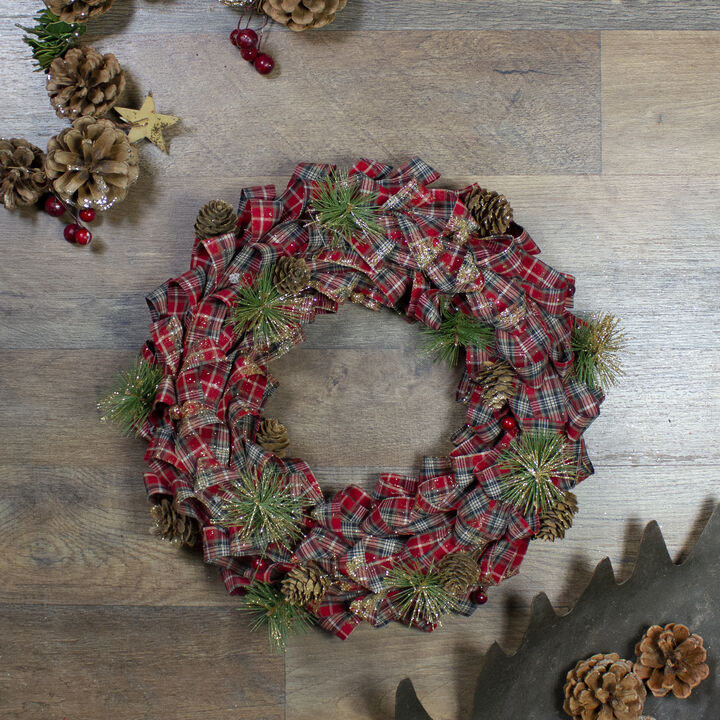 Red Plaid Bows and Pine Cones Artificial Christmas Wreath  14.25-Inch  Unlit