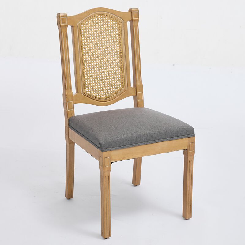 Set of 2 Solid Wood Rattan-Back Dining Chair, Matte Linen Cushion with High-Resilience Foam image number 0
