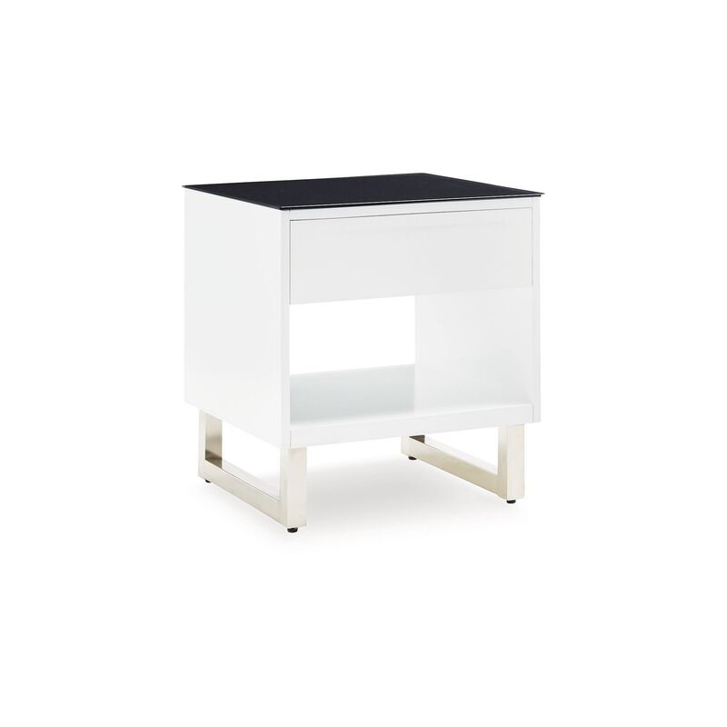 Tonny Side End Table, Drawer and Shelf, Black Glass, White, 22 Inch