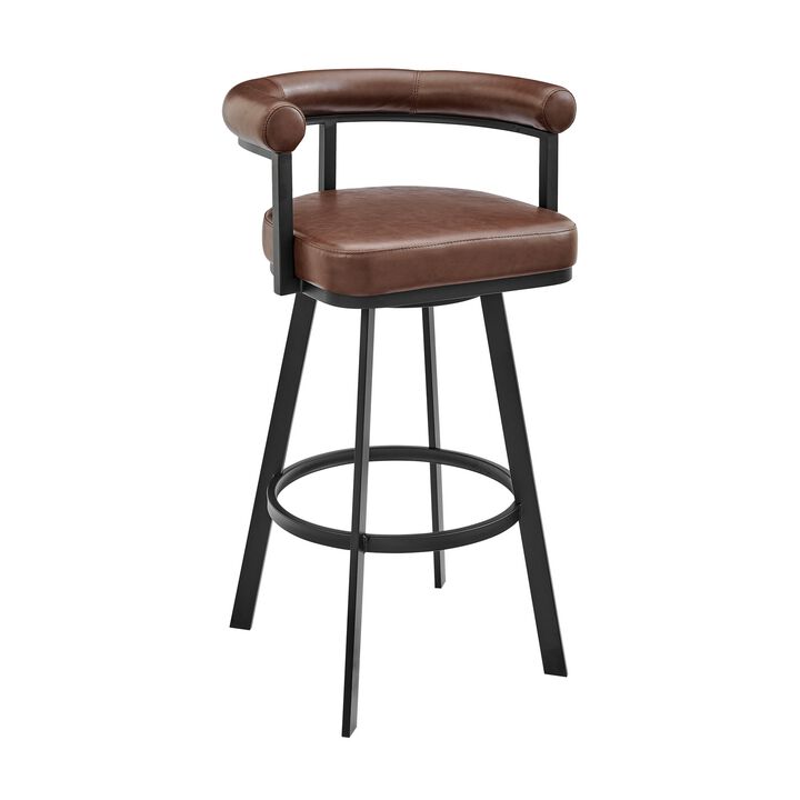 Weni 26 Inch Swivel Counter Stool Chair, Barrel Open Back, Black, Brown - Benzara