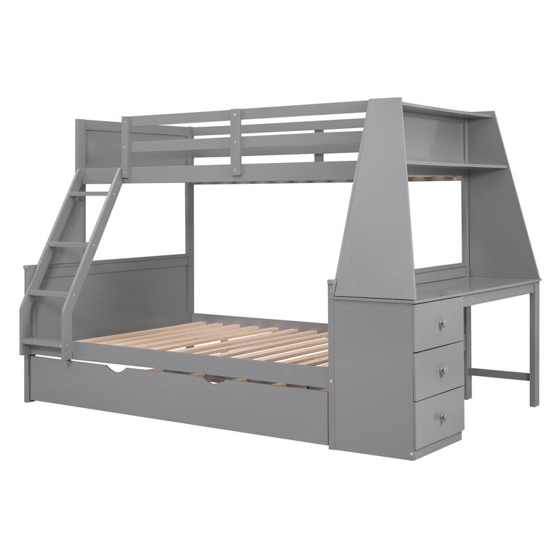 Whisen Twin over Full Bunk Bed with Trundle and Built-in Desk, Three Storage Drawers and Shelf