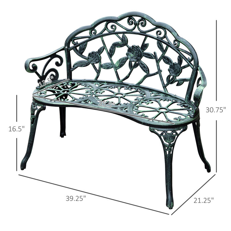 Outsunny Outdoor Bench, Cast Aluminum Outdoor Furniture, Metal Bench with Floral Rose Accent & Antique Finish, Green
