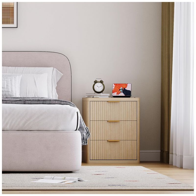 Fluted Nightstand with Charging Station, Bedside Table with 3 Drawers and Open Storage Space, Mid Century Modern End Table, Natural Color 1pcs image number 3