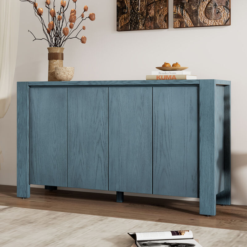 Clihome Buffet Cabinet with Storage, 4-Door Retro Wood Sideboard with Distressed Finish and Adjustable Shelves for Dining Room, Kitchen, and Living Room (Navy)