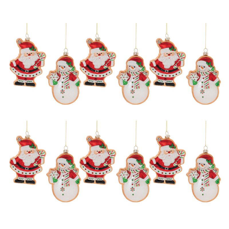 Santa and Snowman Cookie Glass Ornament Set of 12 for Festive Tree Decorating