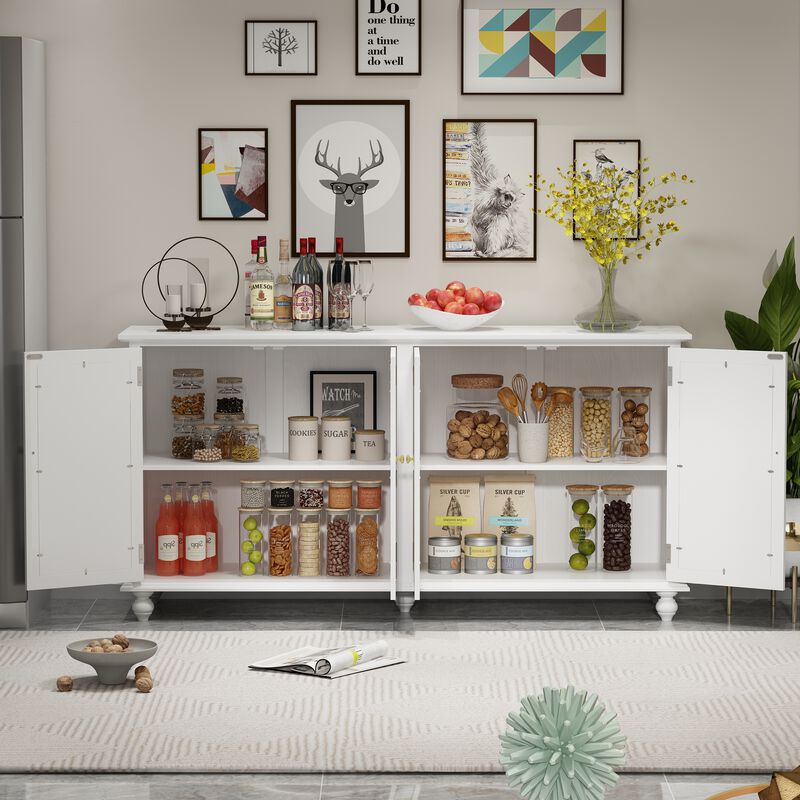 White Wooden 63 in. W, Mirrored Accent Strorage Cabinet, Sideboard with 4 Shelves and 4 Elegant Feet