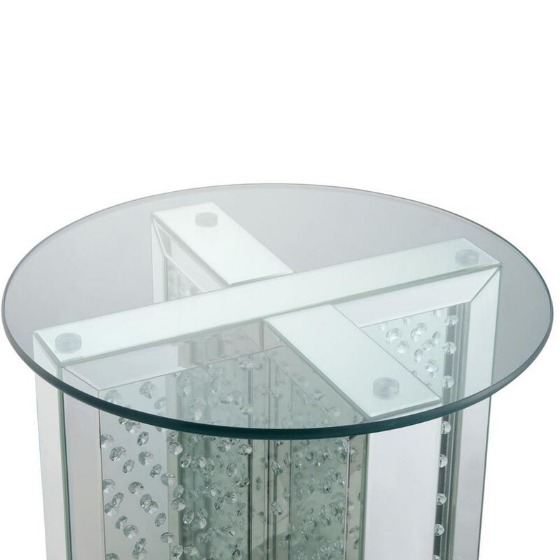 Round Mirrored Metal End Table with Glass Top and Crystal Accent Base, Silver-Benzara