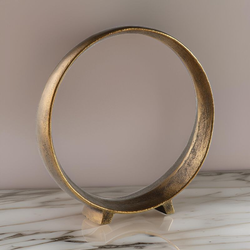 Dalie 12 Inch Sculpture, Set of 2, Round, Antique Brass Tone Cast Aluminium - Benzara